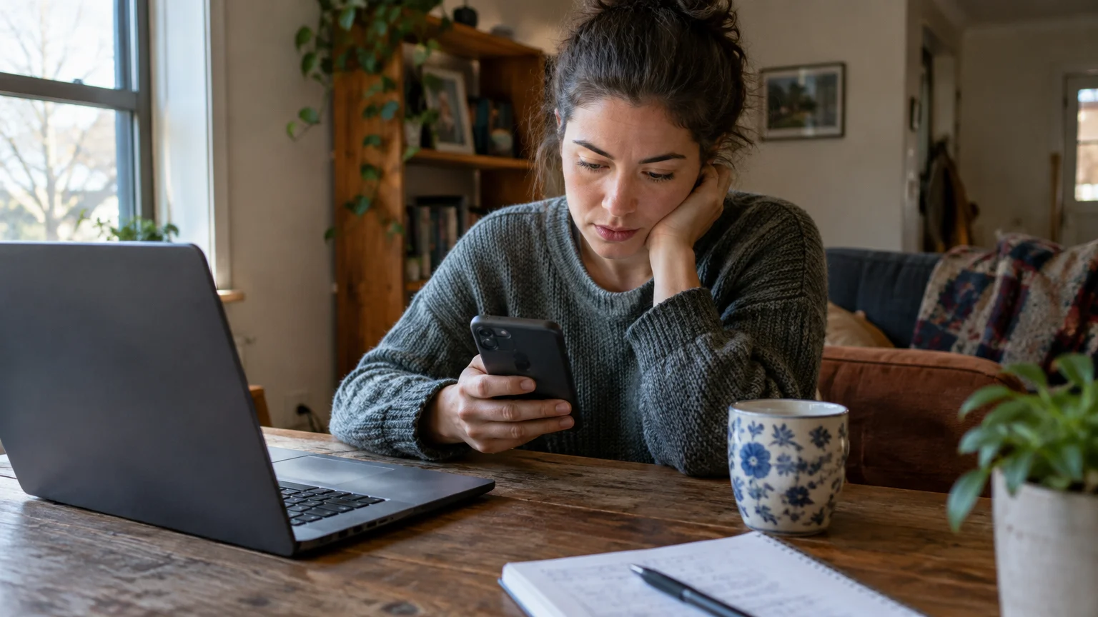 A woman sitting at a wooden table looks down at her smartphone next to an open laptop and coffee mug.