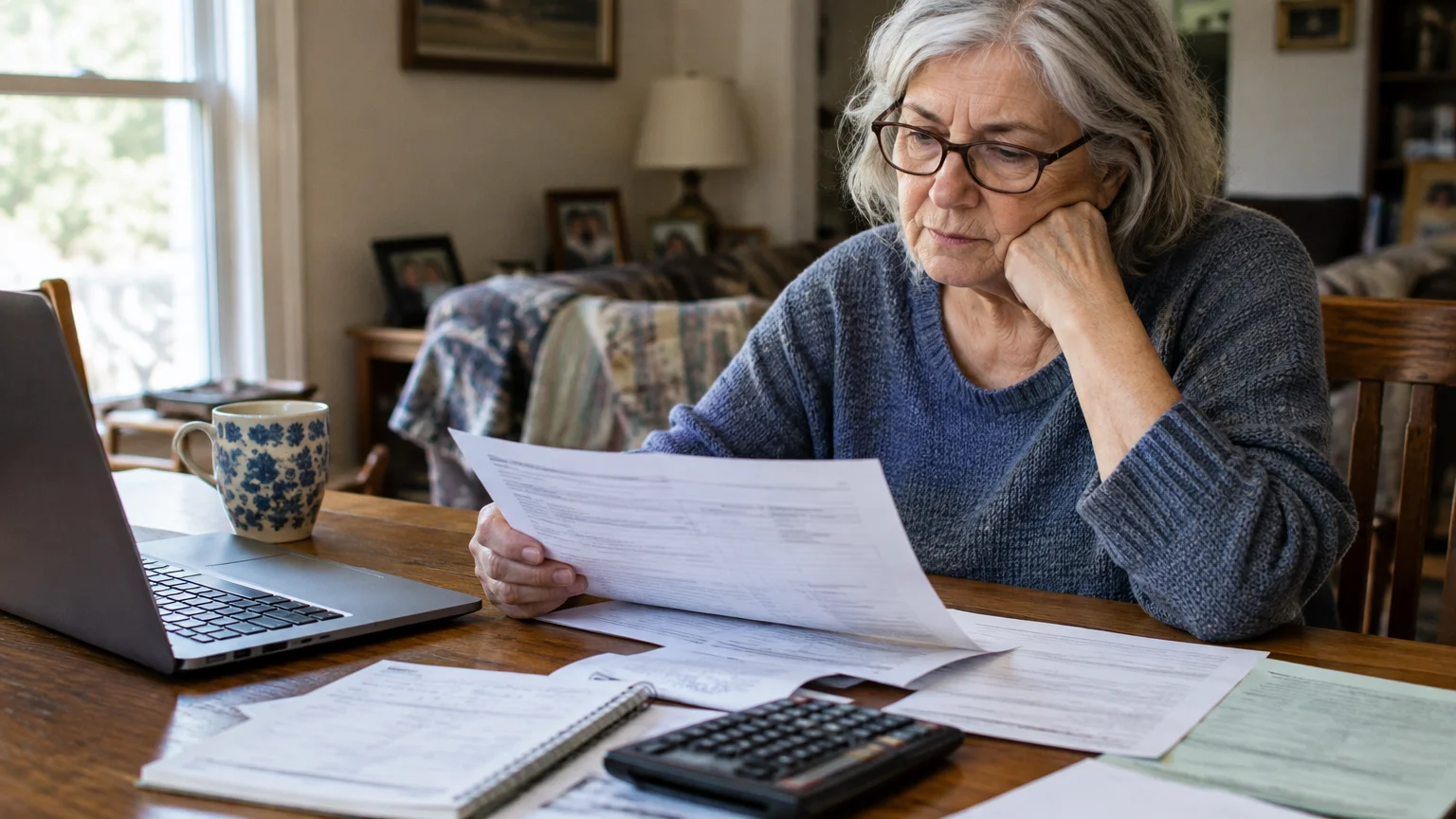 An older woman with glasses reviews paperwork at a wooden dining table with a laptop, calculator, and mug.