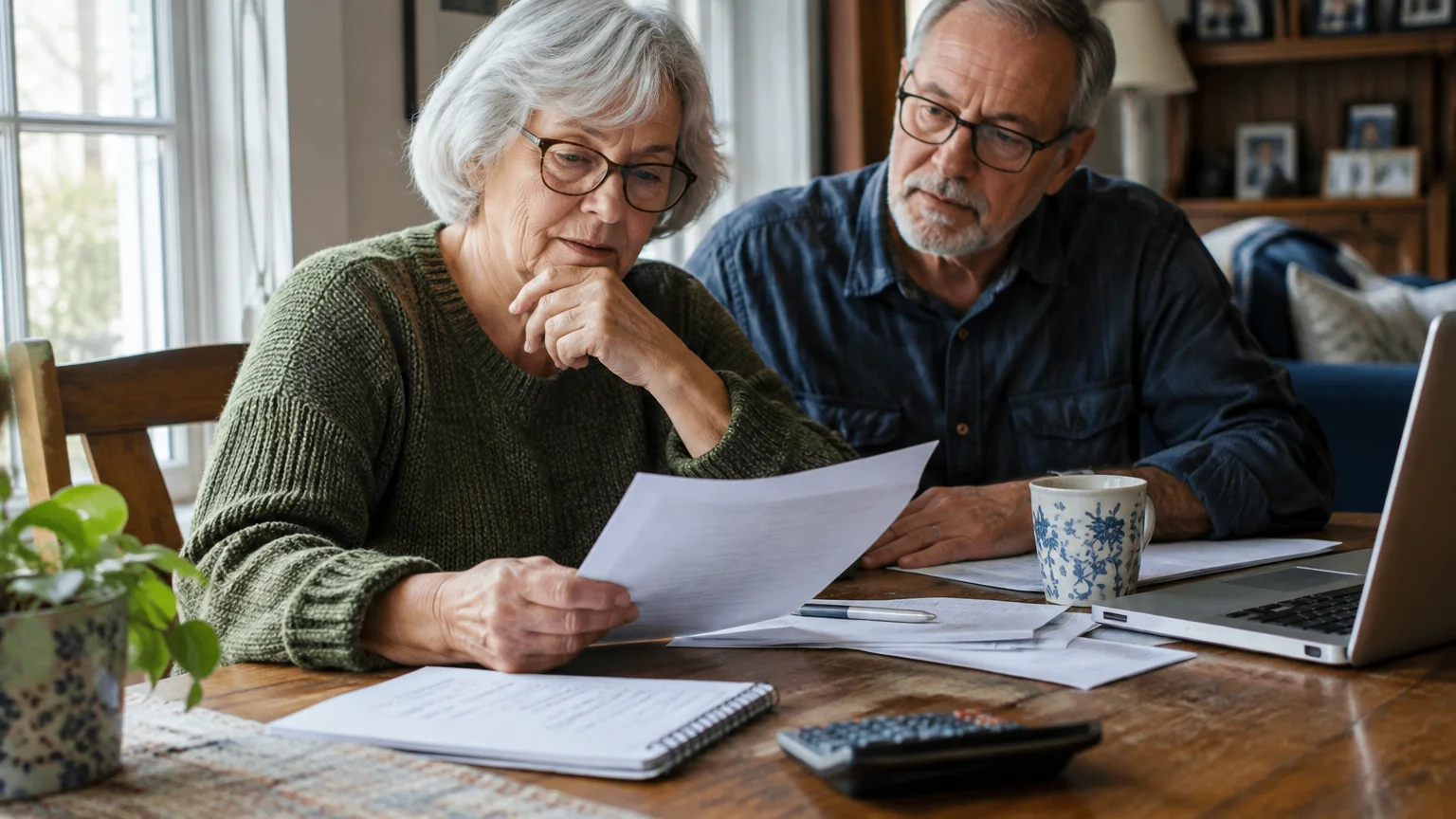 An older couple wearing glasses sits at a wooden table reviewing financial paperwork next to a laptop and calculator.