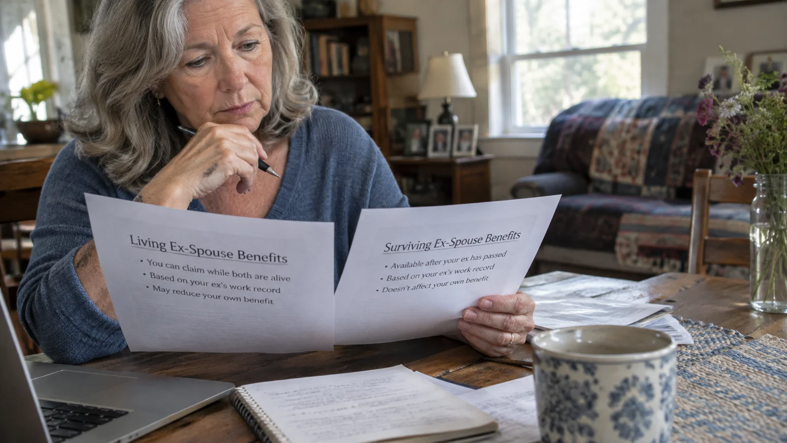 A woman sitting at a table with papers titled Living Ex-Spouse Benefits and Surviving Ex-Spouse Benefits.