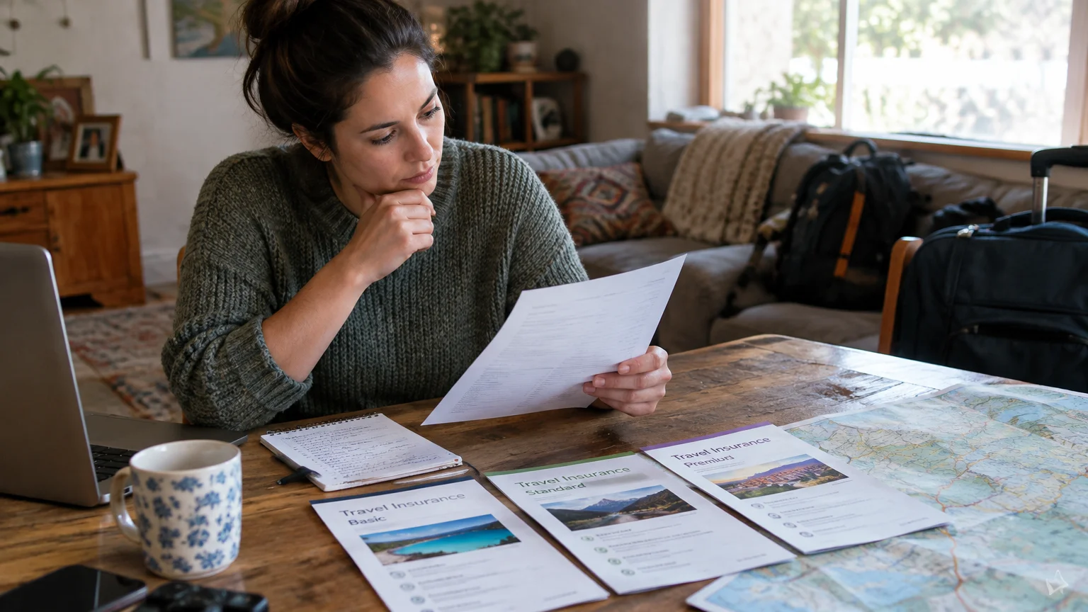 Woman sitting at a wooden table reviewing printed travel insurance brochures and paperwork next to a laptop.