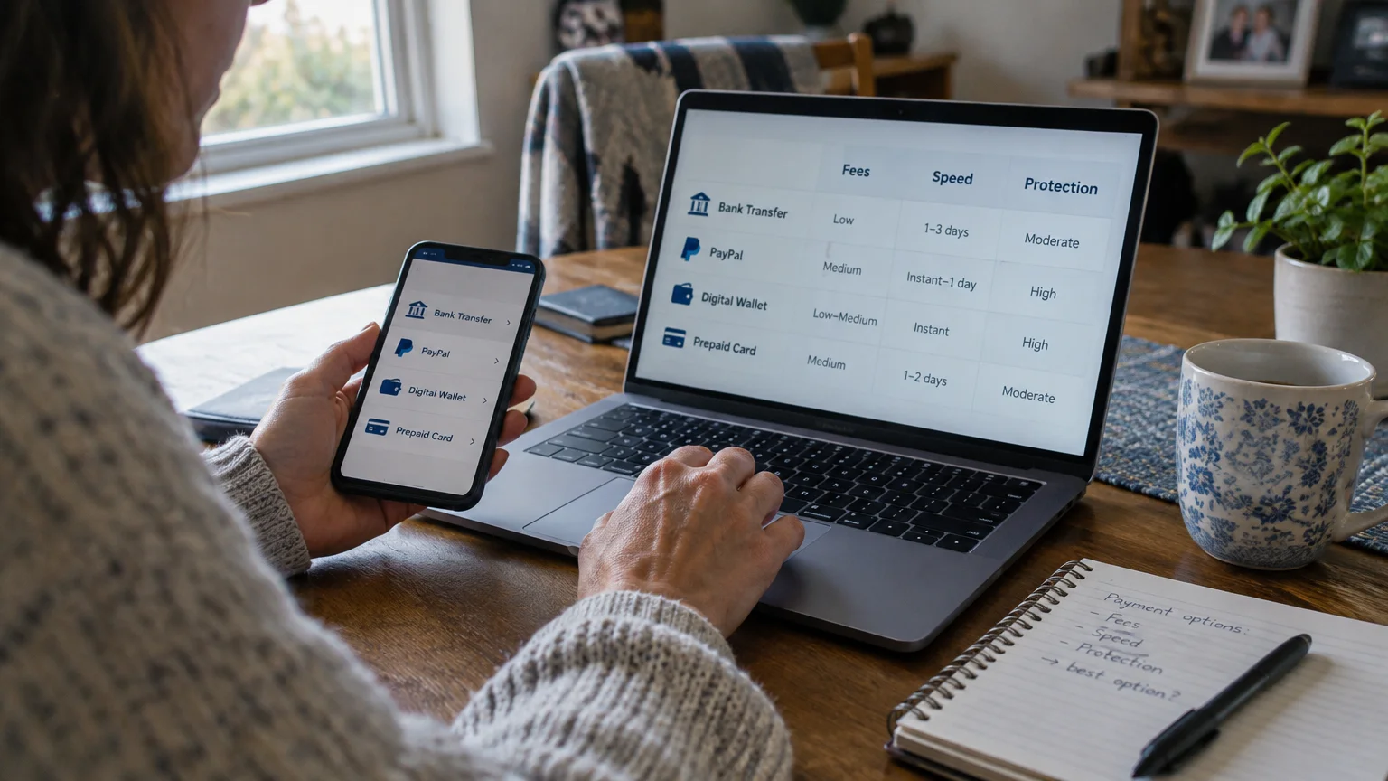 A person using a laptop and smartphone displaying comparison tables of payment options like fees, speed, and protection.