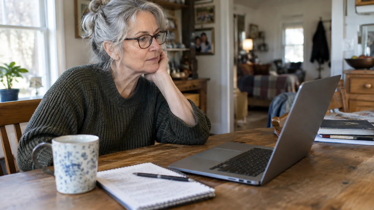 Older woman with gray hair and glasses rests her chin on her hand while looking at a laptop at a wooden table.