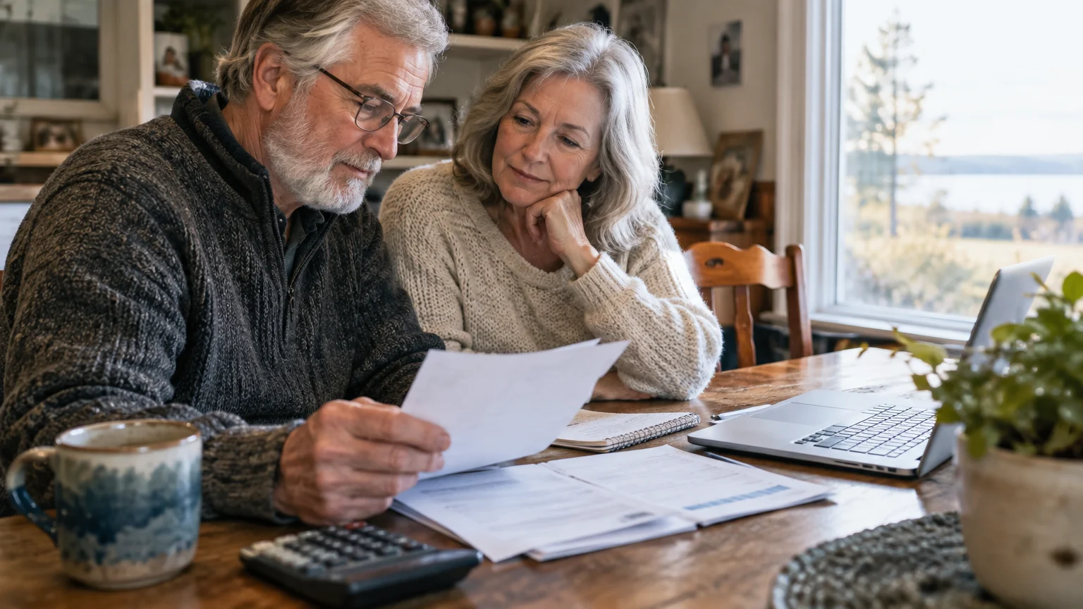 A senior couple sits at a wooden table reviewing financial paperwork with a calculator and laptop open nearby.