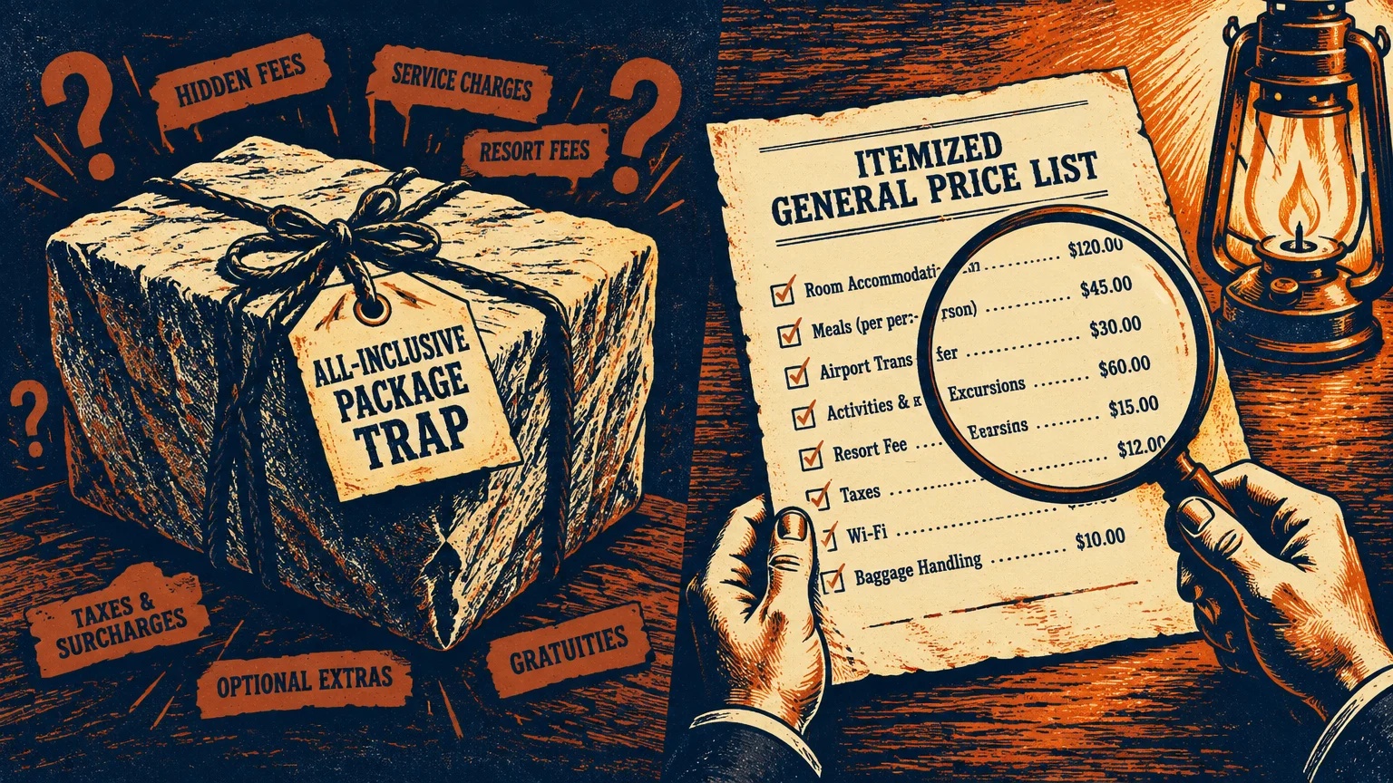 Split illustration of a tied parcel labeled package trap beside hands examining an itemized general price list with a lens.