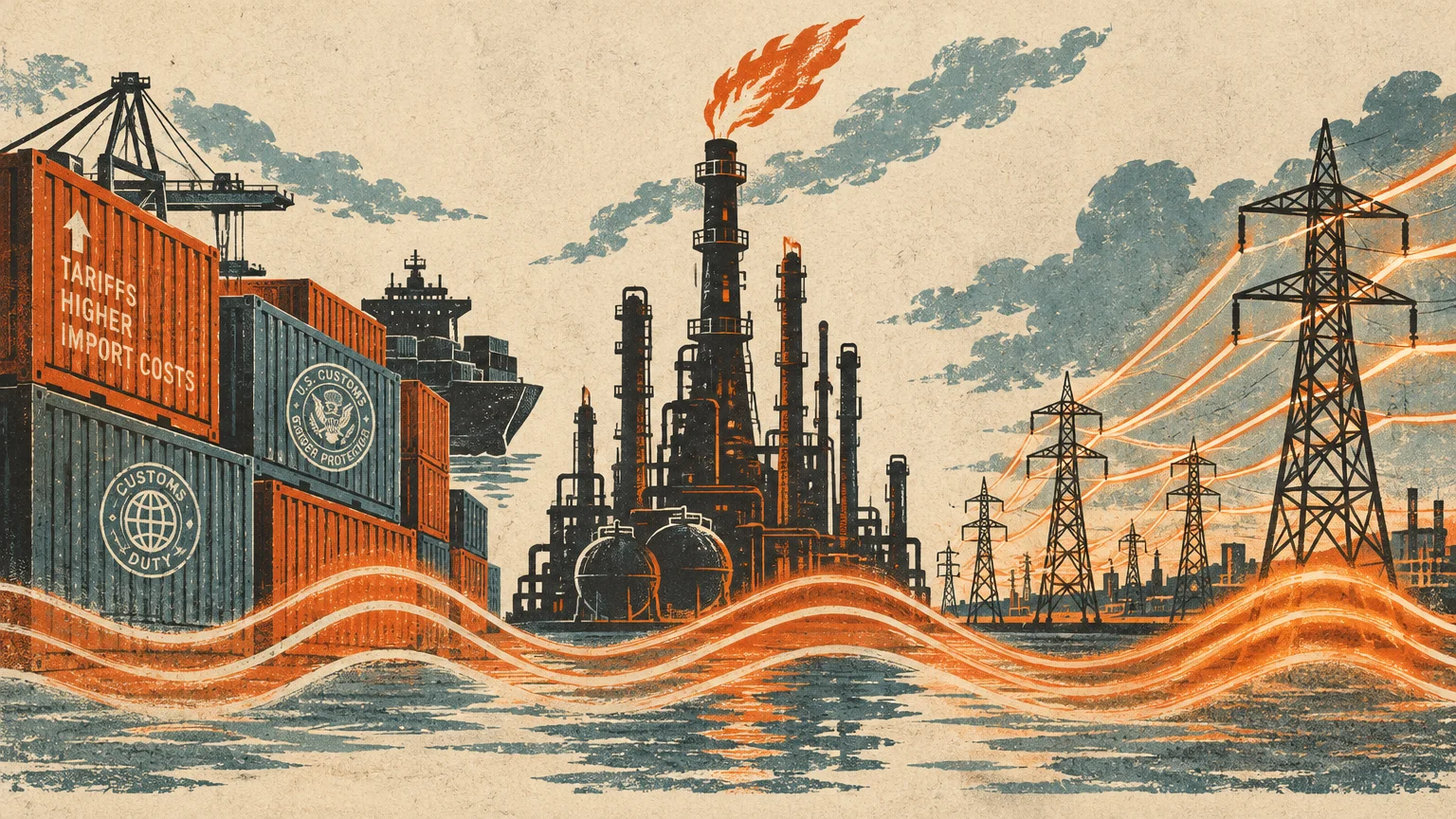 Illustration of shipping containers labeled tariffs, an oil refinery with smokestacks, and electrical power lines.