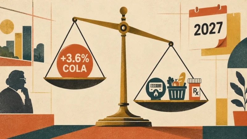 A balance scale weighs a 3.6% COLA circle against icons of utilities, groceries, and a prescription bottle.
