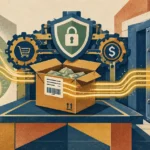 Illustration of an open cardboard box connected by glowing lines to verification icons and a vault labeled settled funds.