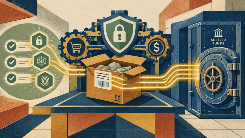 Illustration of an open cardboard box connected by glowing lines to verification icons and a vault labeled settled funds.