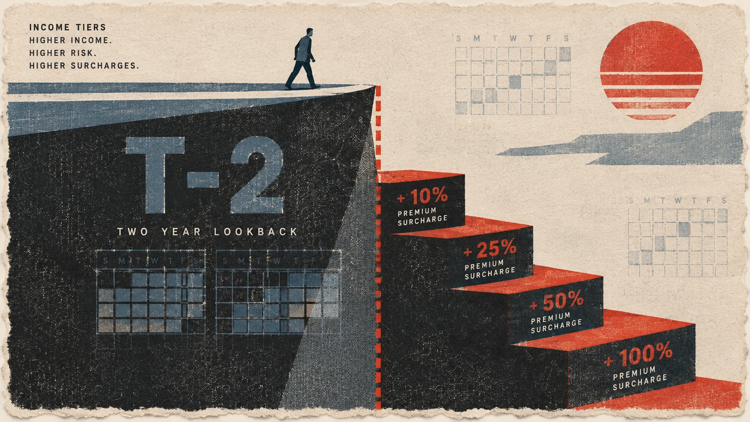 Illustration of a man walking toward a cliff marked T-2, next to descending steps labeled with premium surcharges.
