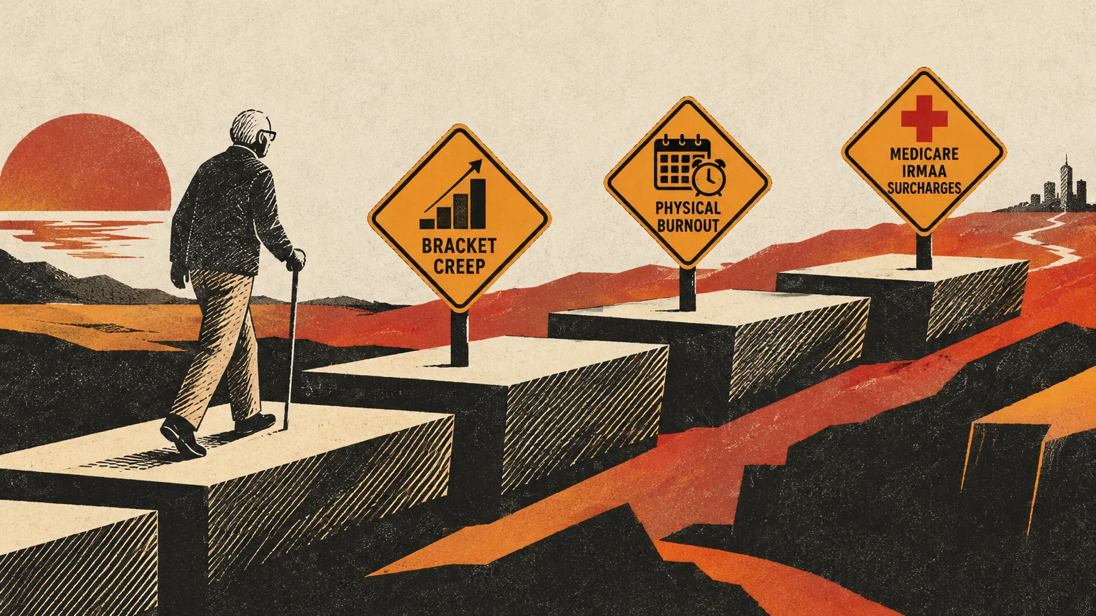 Illustration of an older man walking past caution signs reading Bracket Creep, Physical Burnout, and Medicare IRMAA Surcharges.
