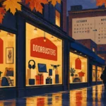 Illustration of storefront windows with Early Access and Doorbusters signs on an autumn street beside a calendar.