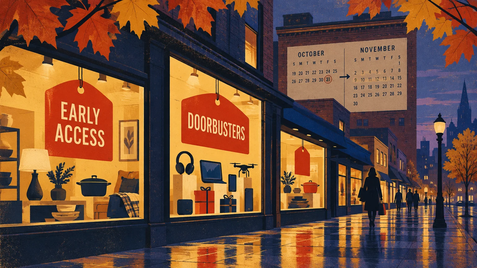 Illustration of storefront windows with Early Access and Doorbusters signs on an autumn street beside a calendar.