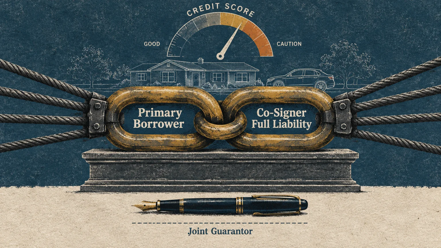 Illustration of chained links labeled Primary Borrower and Co-Signer under a credit meter with a pen below.