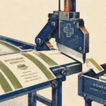 Industrial blade marked with a cross cutting retirement benefit sheets that drop into a domestic ledger cart.