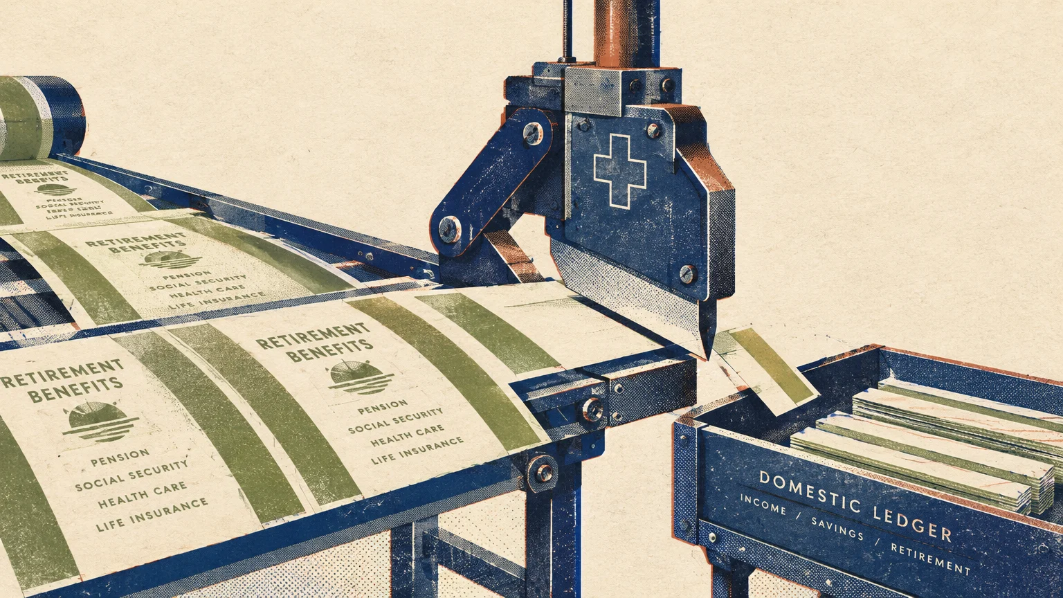 Industrial blade marked with a cross cutting retirement benefit sheets that drop into a domestic ledger cart.