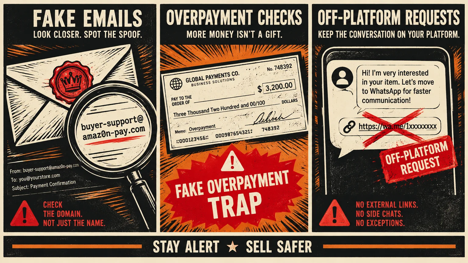 Three retro-style panels illustrating online seller scams: fake emails, overpayment checks, and off-platform chat requests.