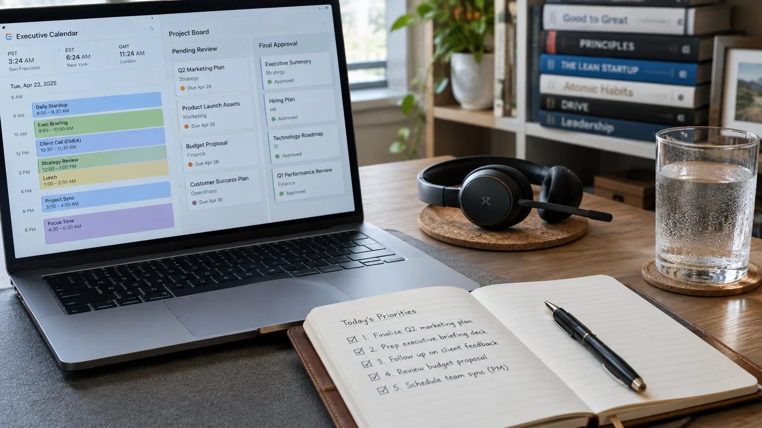 Laptop showing calendar and project boards beside an open handwritten planner, headphones, and a glass of water on a desk.