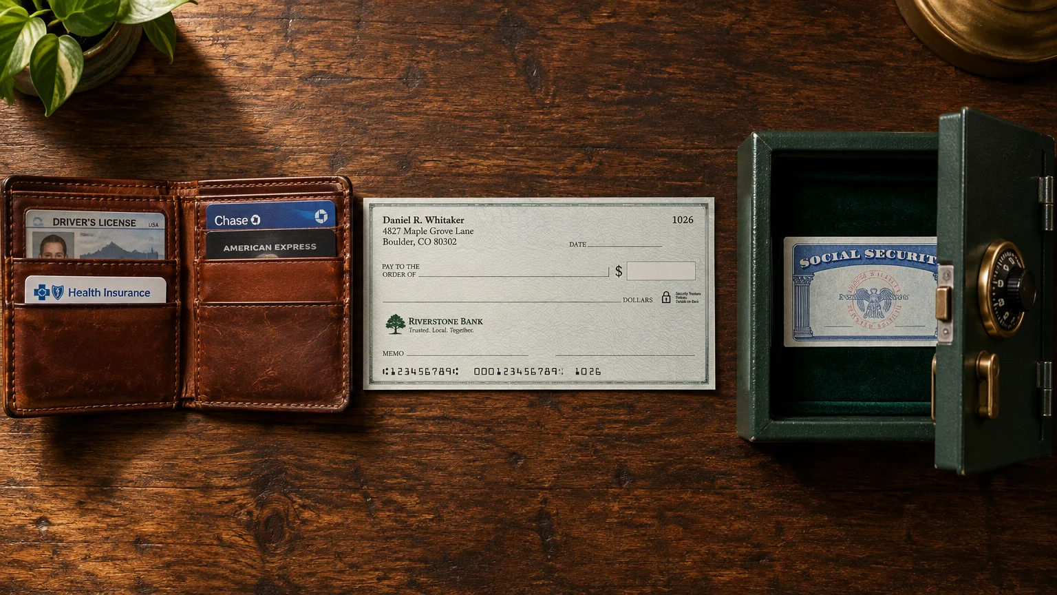 A leather wallet, blank paper check, and an open miniature safe containing a Social Security card on a wooden table.