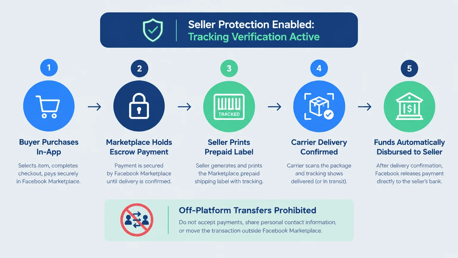 A five-step diagram showing Facebook Marketplace checkout, escrow payment, prepaid shipping, delivery, and automated payout.