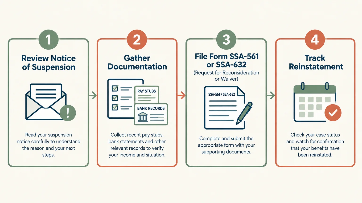 Four-step diagram showing how to review notices, gather records, file forms SSA-561 or SSA-632, and track reinstatement.