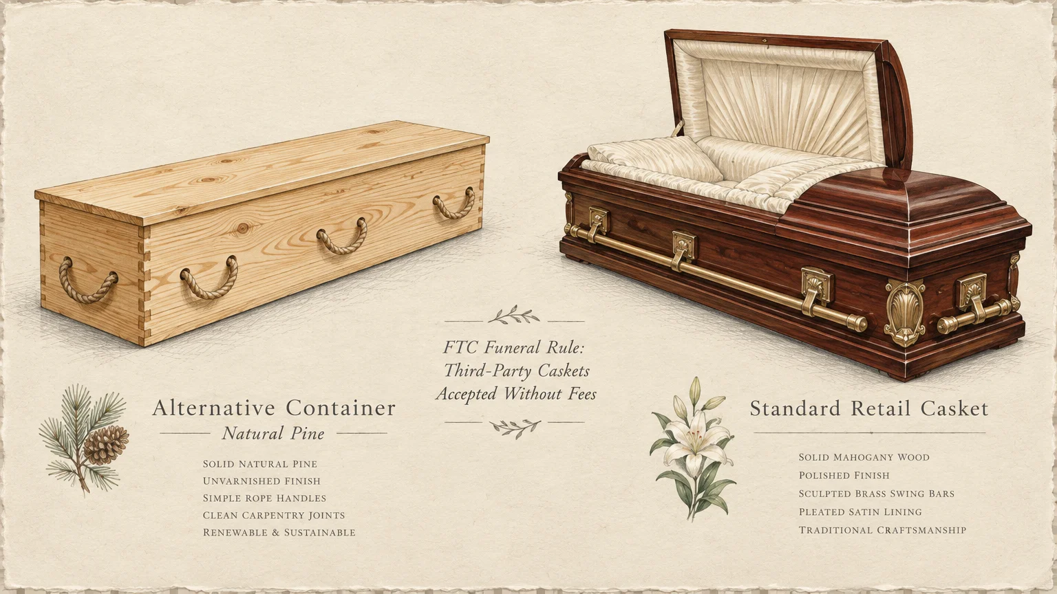 Illustration comparing a plain pine alternative container with rope handles to an ornate polished mahogany retail casket.