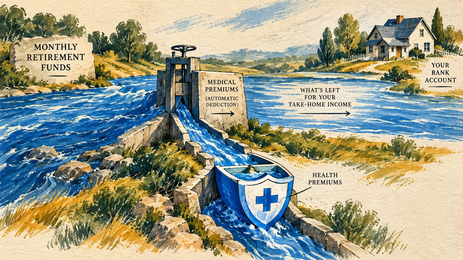 Illustration of a river diverted by a sluice gate into a medical shield, reducing the flow toward a house.