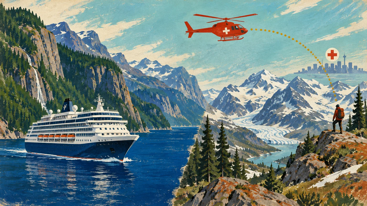 A cruise ship navigating a fjord, a hiker atop a mountain, and a red rescue helicopter flying toward a distant city.