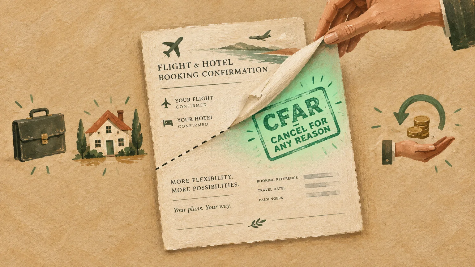 Hand peeling a booking confirmation document to reveal a green CFAR stamp, with icons of a briefcase, house, and coins.