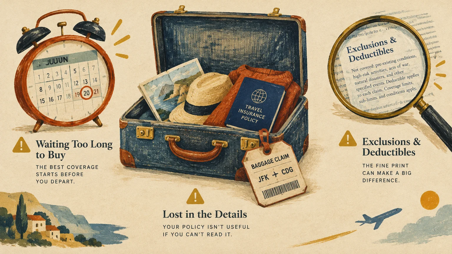 Illustration of an open suitcase with a policy and hat, flanked by an alarm clock calendar and a magnifying glass.