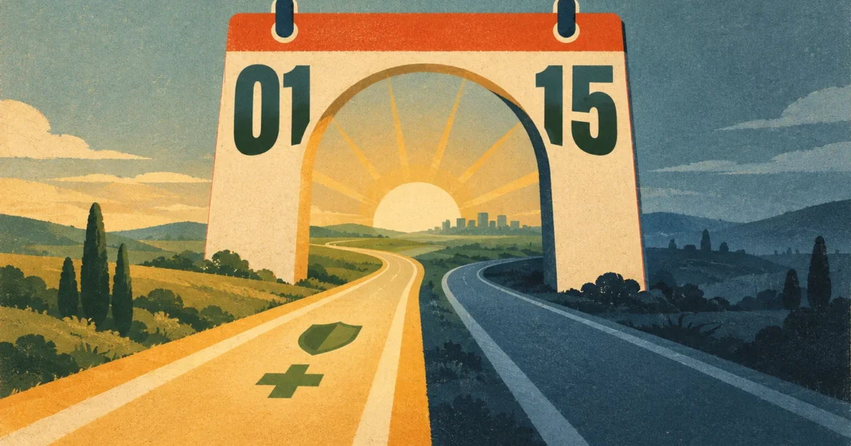 Stylized calendar archway dated 01 and 15 over a split highway leading toward a sunrise and city skyline.