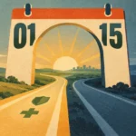 Stylized calendar archway dated 01 and 15 over a split highway leading toward a sunrise and city skyline.