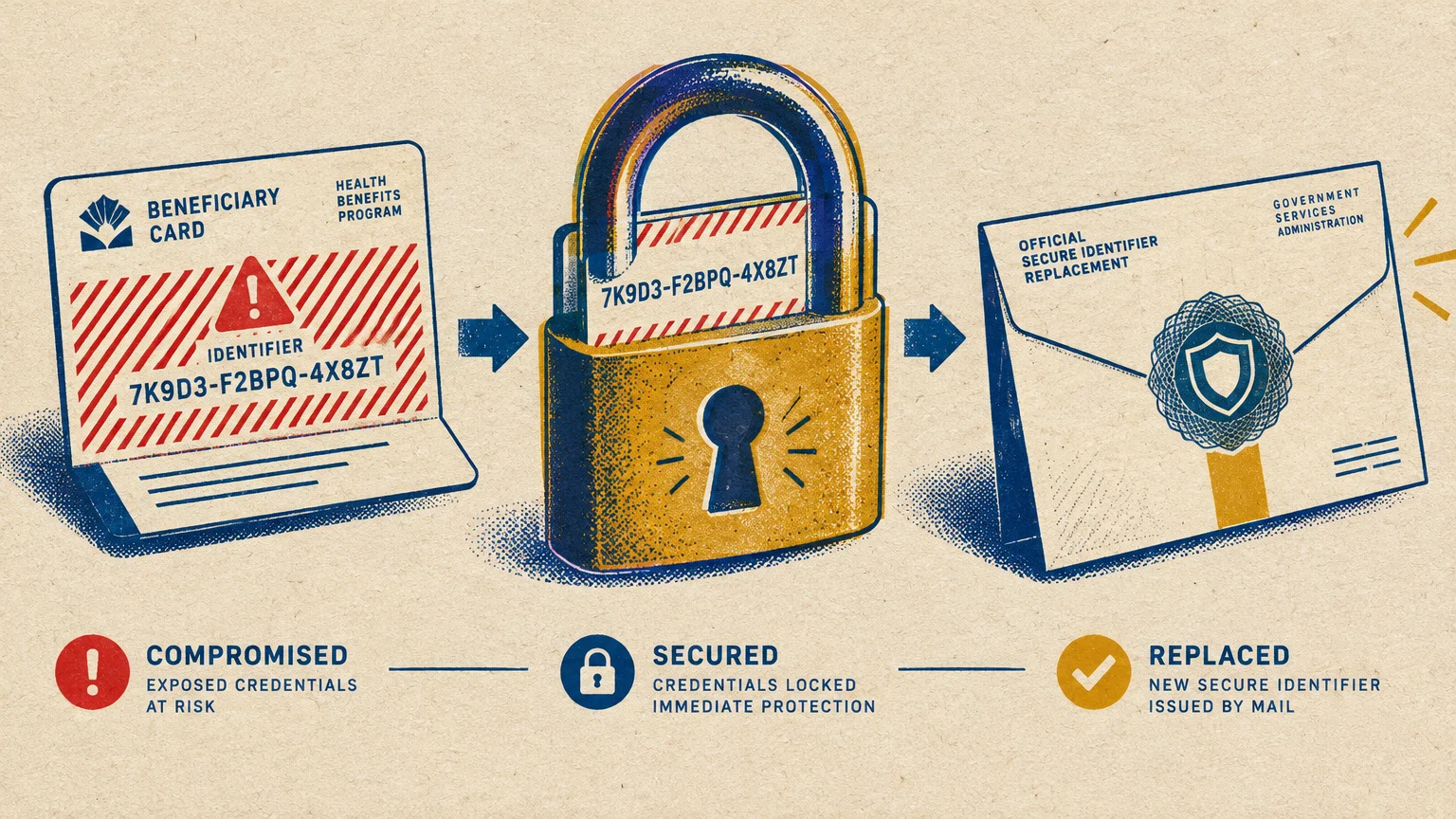 Diagram showing a compromised beneficiary card leading to a locked padlock, followed by an official replacement envelope.