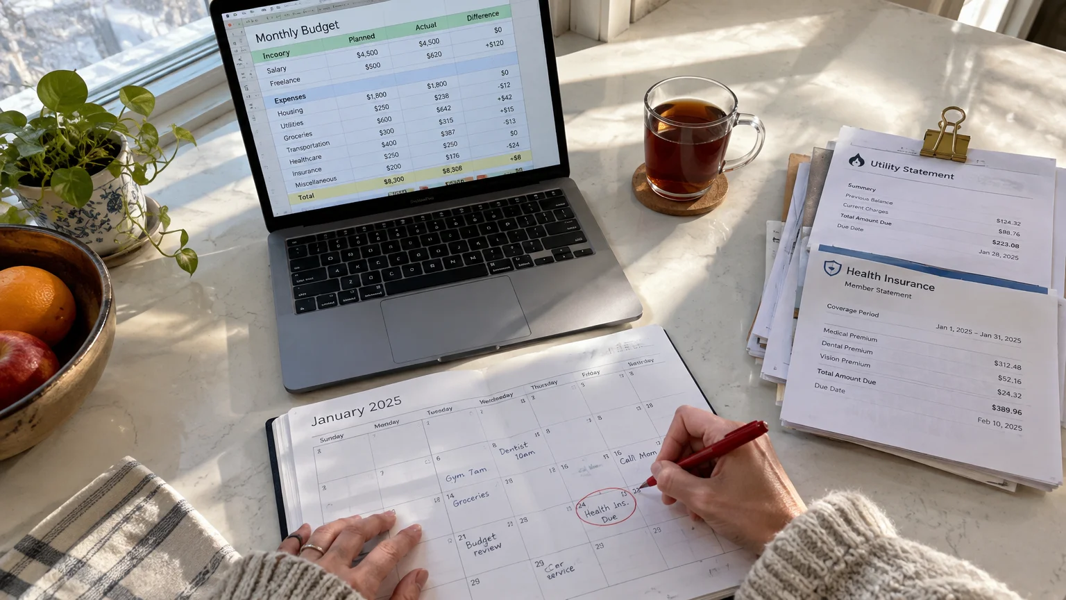 Hands writing in a January 2025 calendar on a desk with a laptop displaying a budget spreadsheet and paper bills.