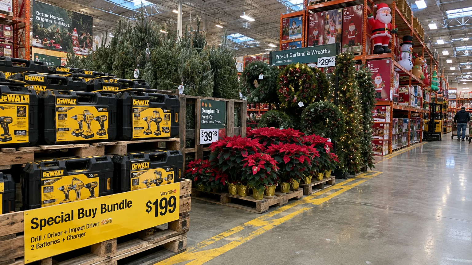 DeWalt tool kit cases beside fresh Christmas trees, red poinsettias, and holiday wreaths in a home improvement store aisle.