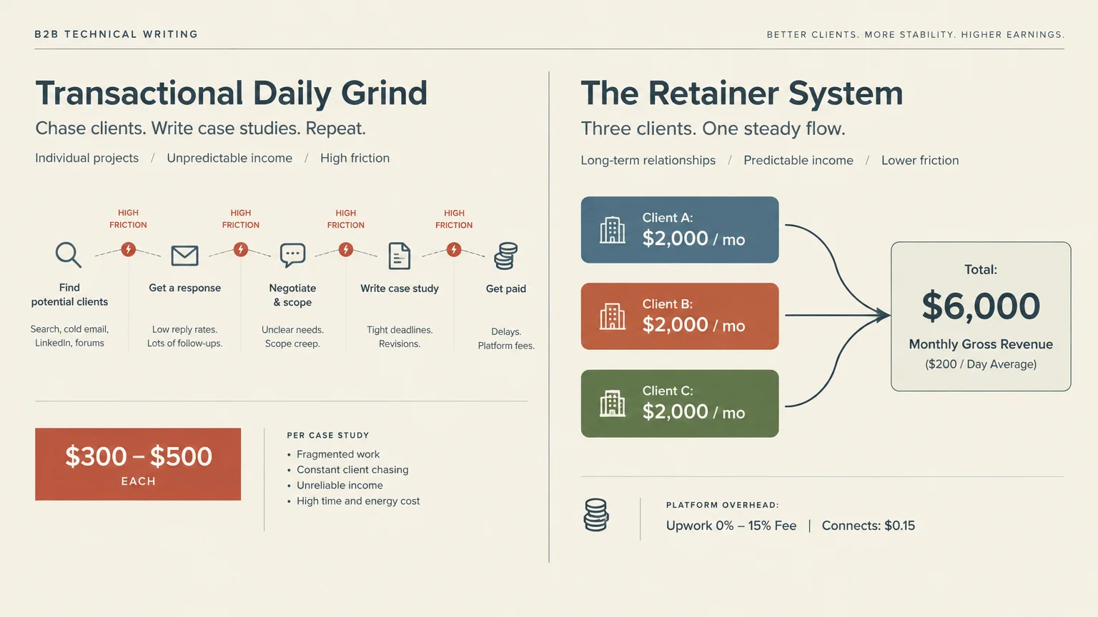 Diagram comparing transactional case study projects with a three-client monthly retainer system totaling $6,000.