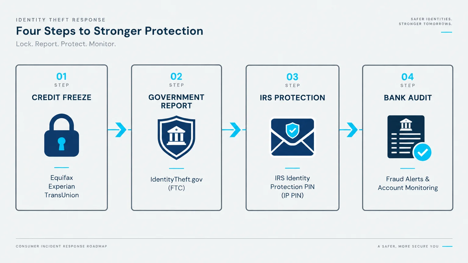 Four-step diagram showing Credit Freeze, Government Report, IRS Protection, and Bank Audit in numbered sequential boxes.