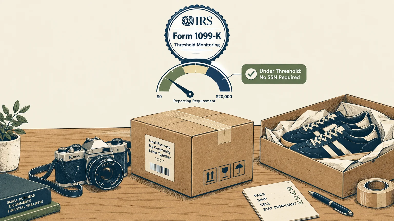 Illustration of shipping boxes, sneakers, a vintage camera, and an IRS Form 1099-K threshold monitoring meter graphic.