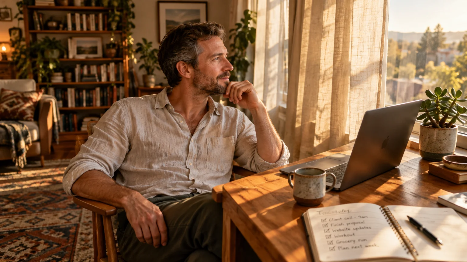 A thoughtful man sits at a wooden desk by a sunny window with a laptop, coffee mug, and notebook.
