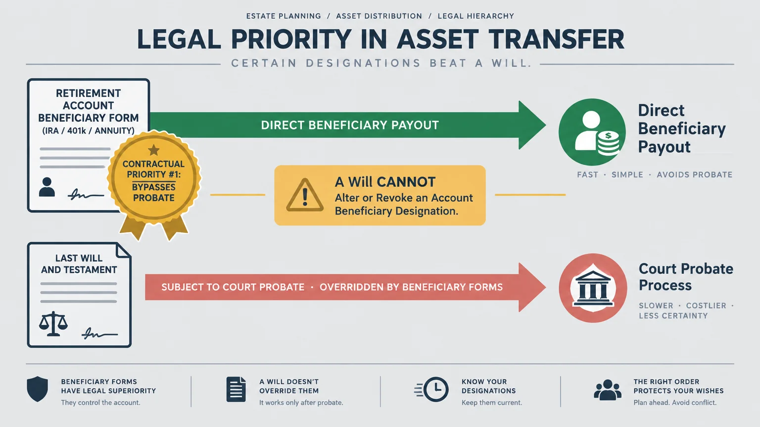 Diagram contrasting direct beneficiary payouts bypassing probate against a will subject to the slower court probate process.
