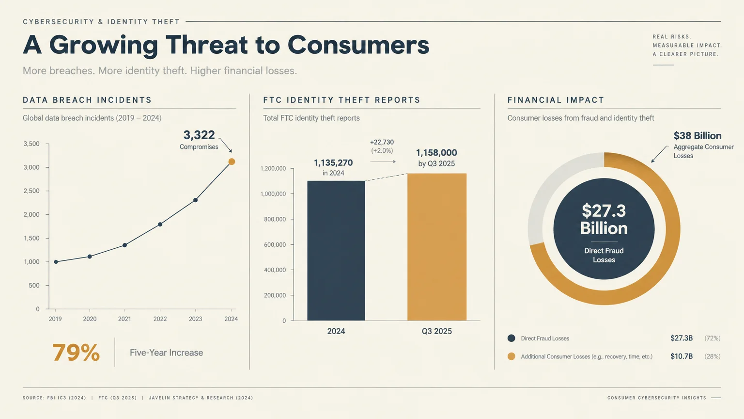 Infographic showing a line chart of breach incidents, a bar chart of FTC reports, and a donut chart of financial losses.