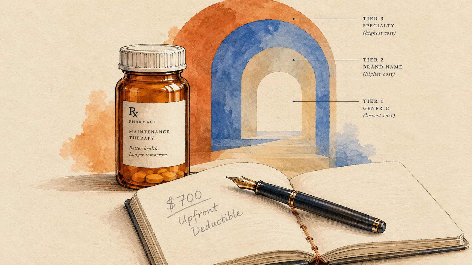 Illustration of a pill bottle, a notebook noting a $700 deductible, and arches labeling drug tiers 1 through 3.