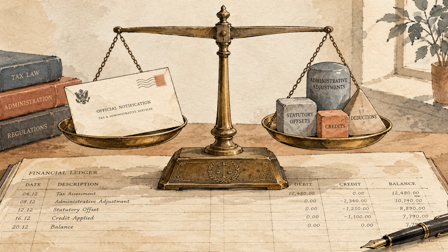Brass balance scale weighing an official notification envelope against labeled blocks on an open financial ledger.
