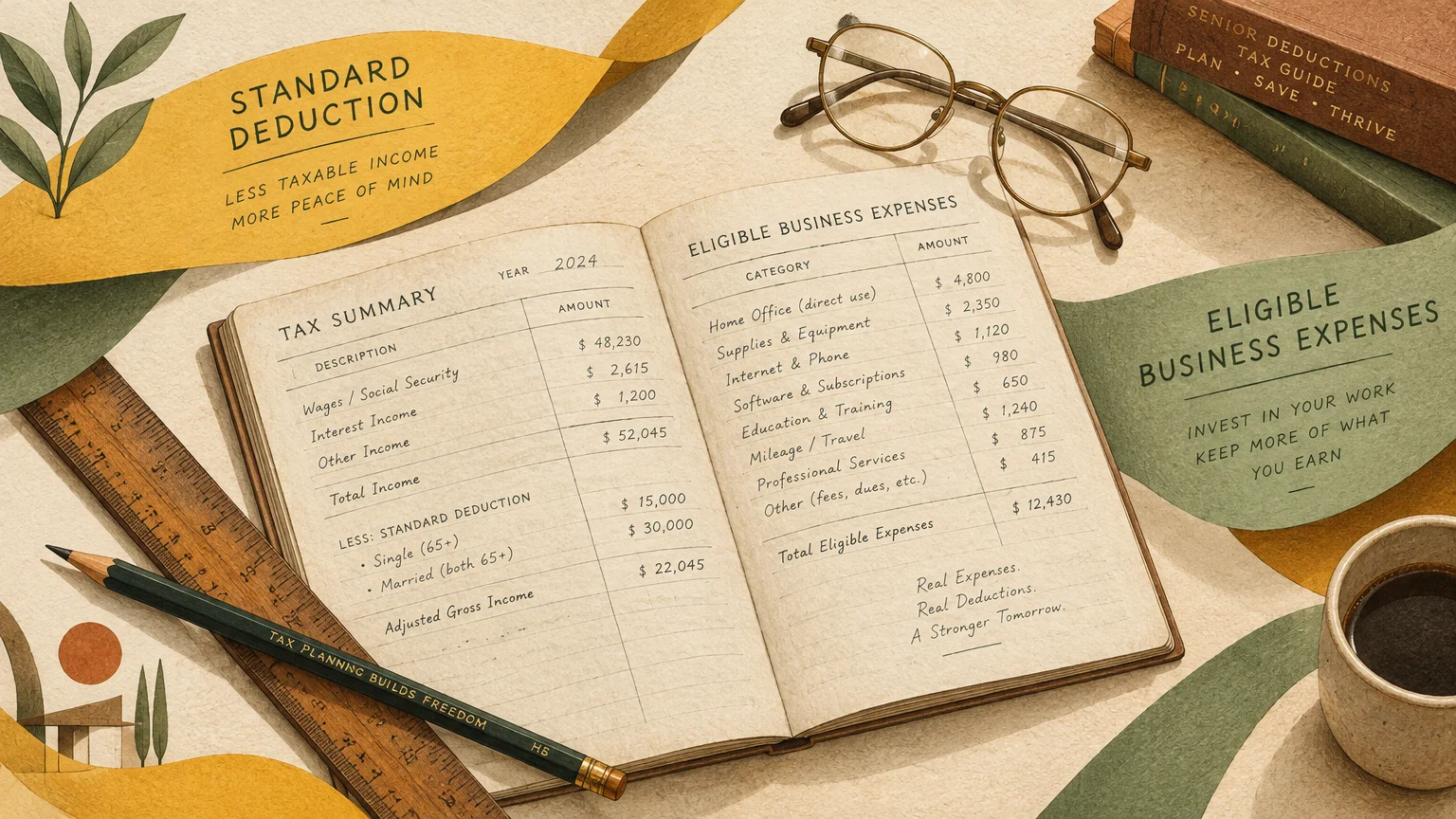 Open ledger showing tax summary calculations surrounded by eyeglasses, a ruler, a pencil, books, and coffee.