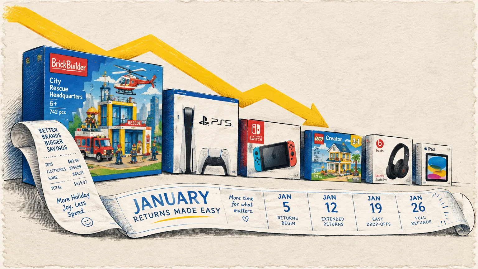 Toy and electronics boxes lined beneath a downward yellow arrow above an extended January return receipt calendar.