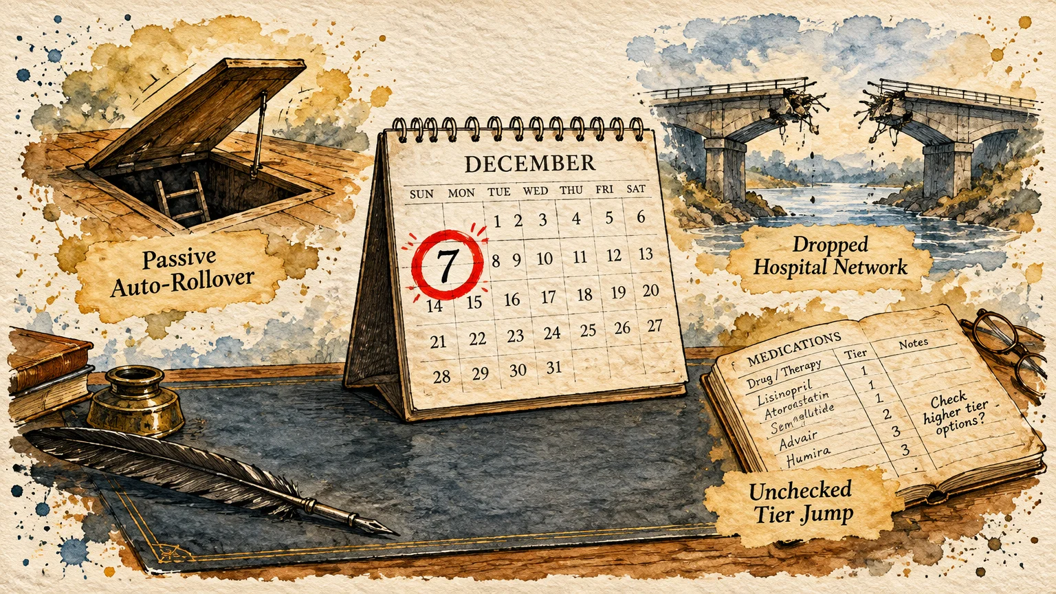 Desk illustration with a December calendar circling the 7th, an open trapdoor, broken bridge, and medication ledger.