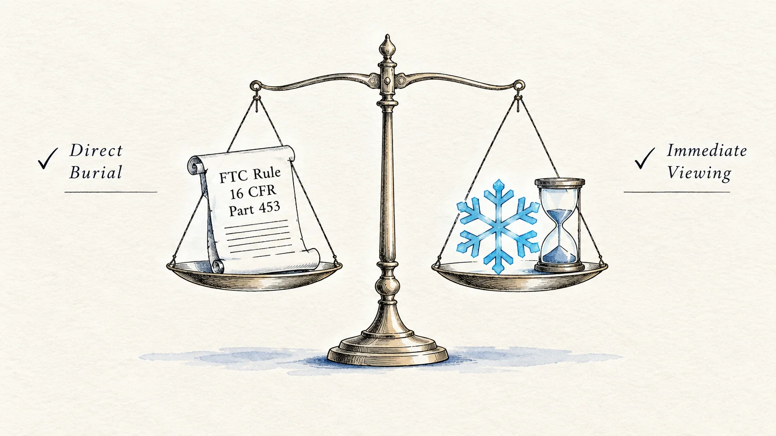 Balance scale with an FTC Rule legal scroll on one pan, and a blue snowflake and hourglass on the other.