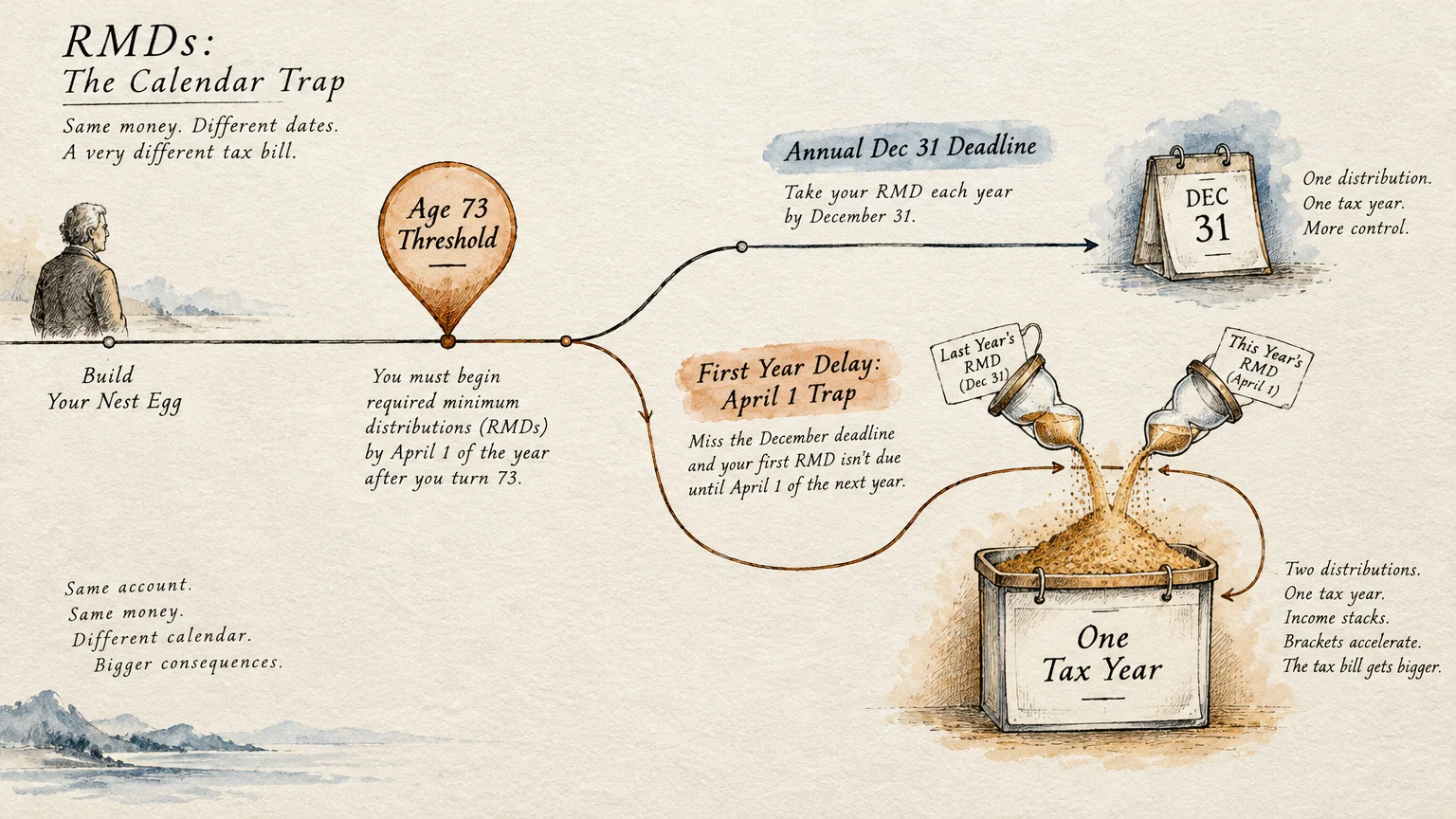 Diagram contrasting an annual RMD deadline with a delayed path pouring two distributions into a single tax year box.