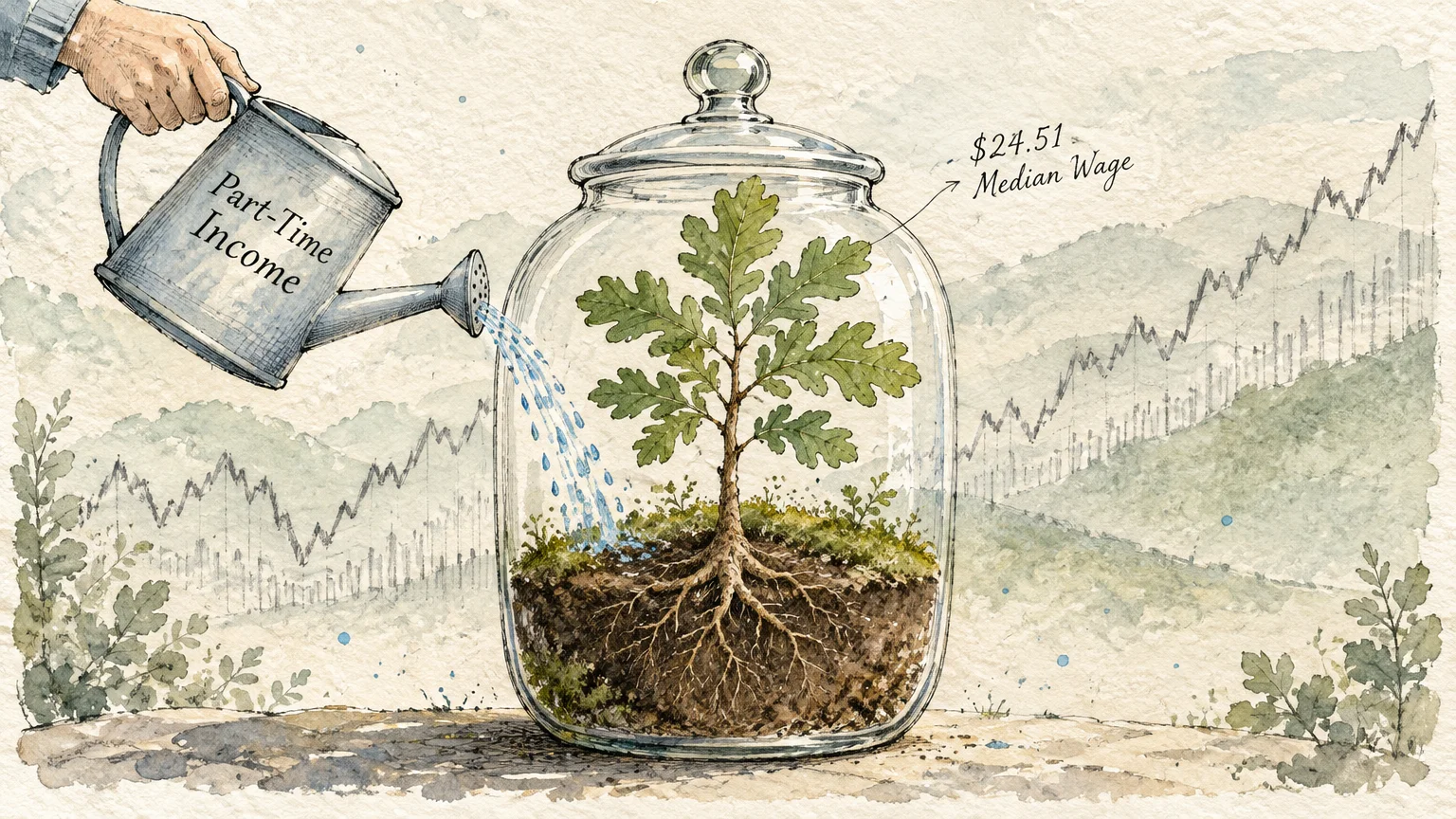 Illustration of a watering can labeled Part-Time Income watering a small oak tree protected inside a glass jar.