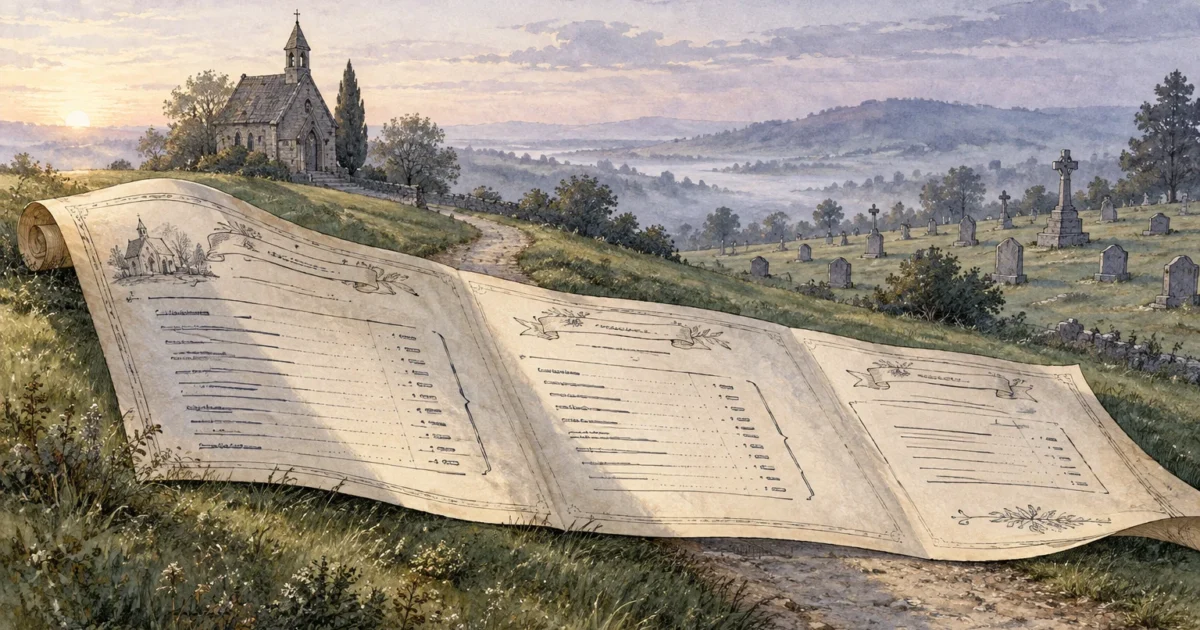 Watercolor illustration of a large itemized scroll lying across a grassy hillside by a graveyard and chapel.